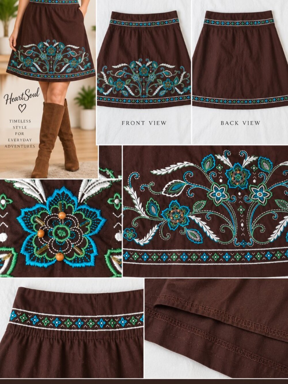 Women's Brown Embroidered Cotton Skirt Beaded Floral A-Line Size 7